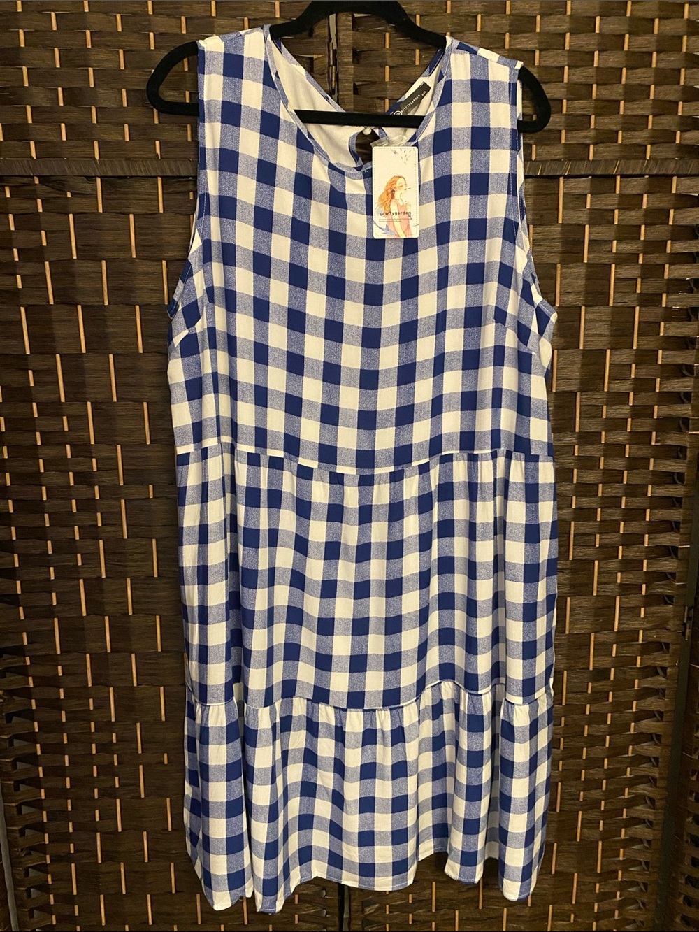 Pretty Garden Blue and White Gingham Tiered Dress w/Side Pockets Size XXL